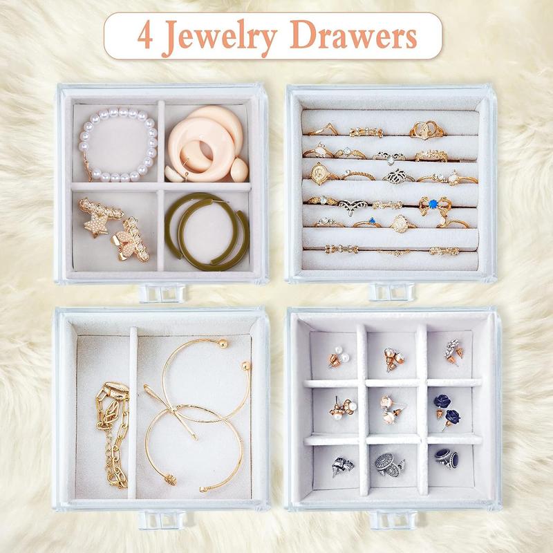 Acrylic Jewelry Organizer with 4 Drawers Clear Acrylic Jewelry Box Gift for Women Mens Kids and Little Girl Stackable Velvet Earring Display Holder For Earrings Ring Bracelet Necklace Holder