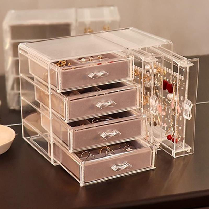 Acrylic Jewelry Organizer with 4 Drawers Clear Acrylic Jewelry Box Gift for Women Mens Kids and Little Girl Stackable Velvet Earring Display Holder For Earrings Ring Bracelet Necklace Holder