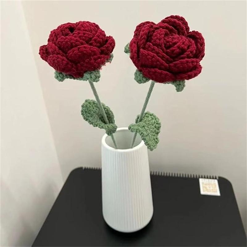 6pcs Diy Crochet Bouquets Finished Handmade Artificial Flowers Valentine's Day, Mother's Day Knitted Red Roses Cotton Decor Ornaments