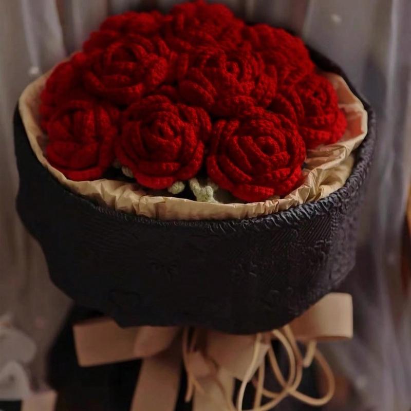 6pcs Diy Crochet Bouquets Finished Handmade Artificial Flowers Valentine's Day, Mother's Day Knitted Red Roses Cotton Decor Ornaments