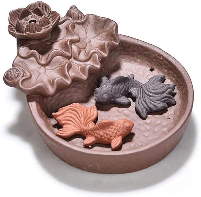 Two Fishes Incense Holders Ceramic Backflow Incense Burner Purple Clay Smoke Cone Sticks Holder (Fish)