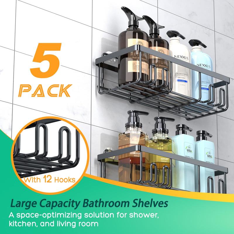 Shower Caddy 5 Pack, Adhesive Shower Organizer for Bathroom & Home & Kitchen, Rustproof Stainless Steel Shower Shelves with Hooks