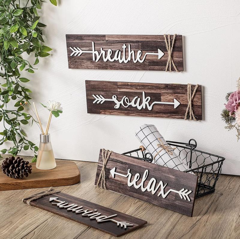 4 Pieces Bathroom Decor Wall Art Farmhouse Bathroom Decor Soak Relax Unwind Breathe Wooden Signs Rustic Bathroom Decor with Arrow Vintage Country Bathroom Decor for Home Laundry Room