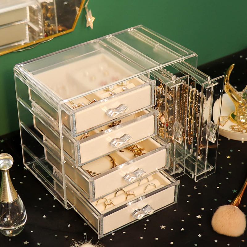 Acrylic Jewelry Organizer with 4 Drawers Clear Acrylic Jewelry Box Gift for Women Mens Kids and Little Girl Stackable Velvet Earring Display Holder For Earrings Ring Bracelet Necklace Holder