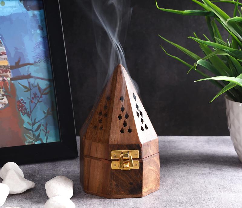 Traditional-Handmade-Burner Wooden-Incense-Stick-Holder Ash-Catcher-Stand for-Aromatherapy-Meditation-Yoga (5 Inch Temple Wooden Charcoal Cone) Lemon Freshener Perfume Fragrance Woody Scented Scent