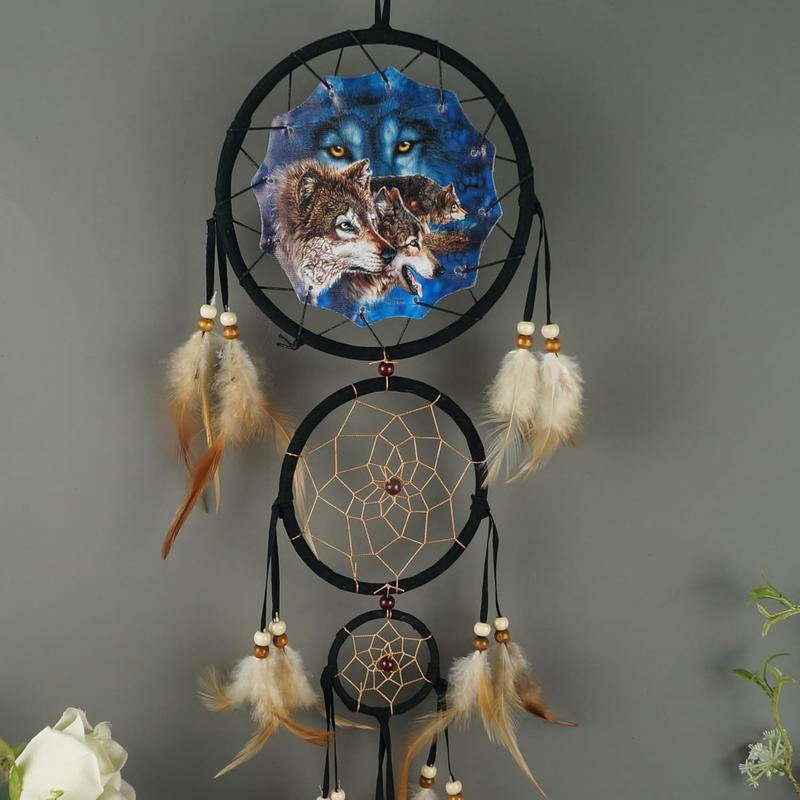 Triple Circles Wolf Eagle Bear Unicorn Dream Catcher Bedroom Wall Decor, Christmas Home Decoration, Room Accessory, White Moon  Decoration -  Home Craft Wall Pendant (A 12Wolves)