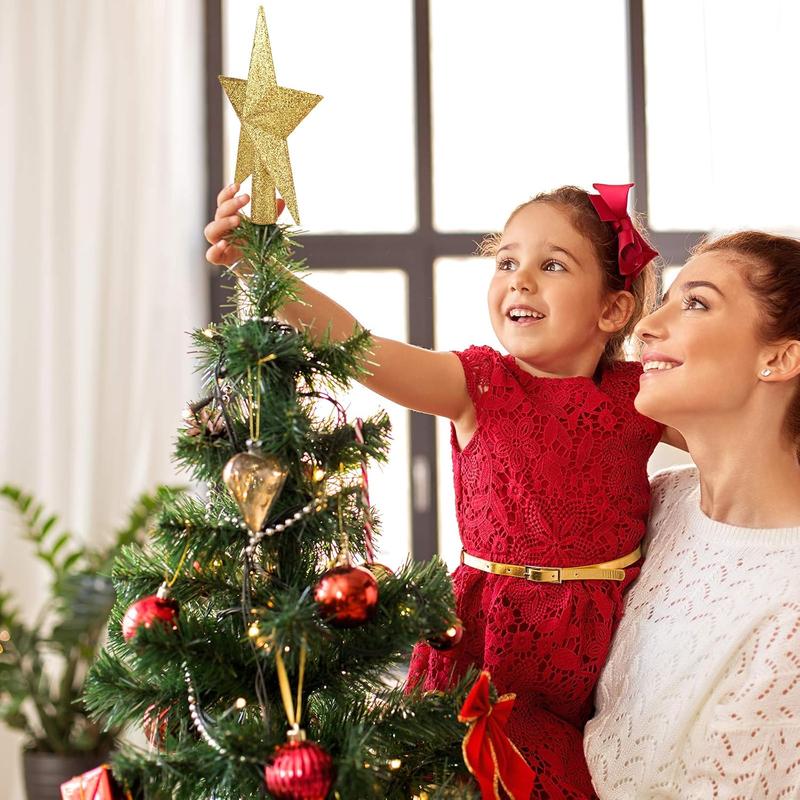 Christmas Ornament,The top of the Christmas tree is decorated with sparkling stars and five pointed stars in gold silver christmas decorations