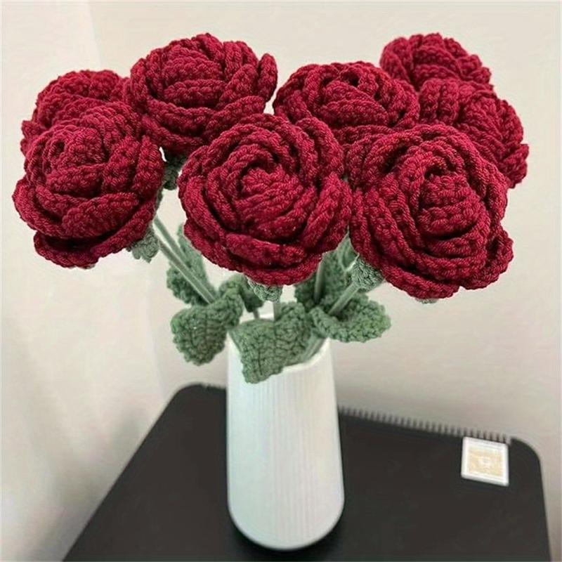 6pcs Diy Crochet Bouquets Finished Handmade Artificial Flowers Valentine's Day, Mother's Day Knitted Red Roses Cotton Decor Ornaments