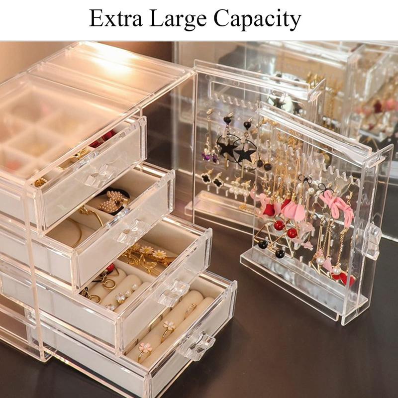 Acrylic Jewelry Organizer with 4 Drawers Clear Acrylic Jewelry Box Gift for Women Mens Kids and Little Girl Stackable Velvet Earring Display Holder For Earrings Ring Bracelet Necklace Holder