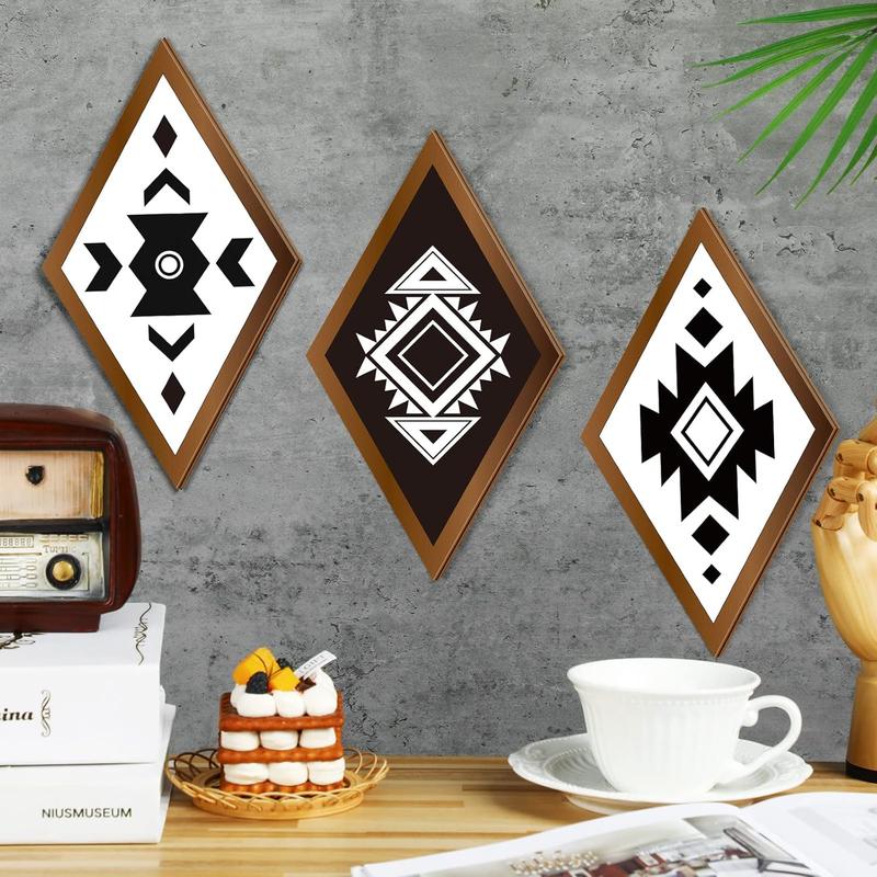 6 Pcs Farmhouse Aztec Wall Decor Western Home Wall Decor Southwestern Rustic Boho Diamond Wood Sign Modern Geometric Diamond Wall Art for Bedroom Living Room Bathroom (Stylish Color)