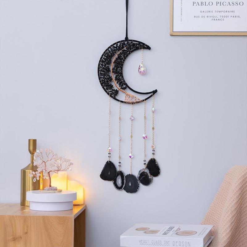 Natural Stone Dream Catcher, 1 Count Exquisite Moon Shaped Wind Chime, Outdoor Indoor Decorative Wall Hanging for Living Room Bedroom Patio