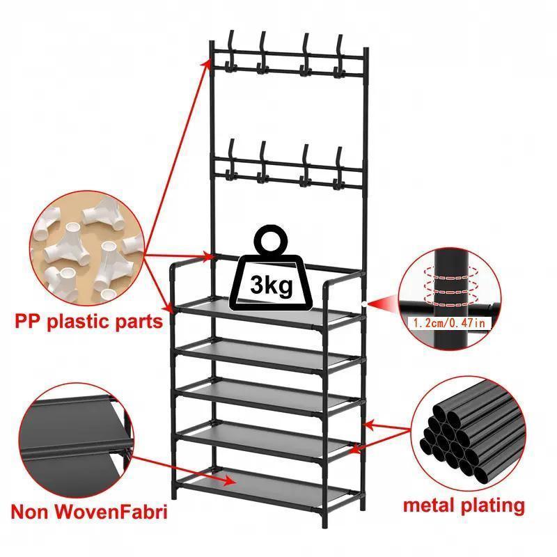 Coat and shoe rack organiser with 5 tiers for shoes and hats, 8 hooks, suitable for bedrooms, hallways, dorms; free-standing and easy to assemble.