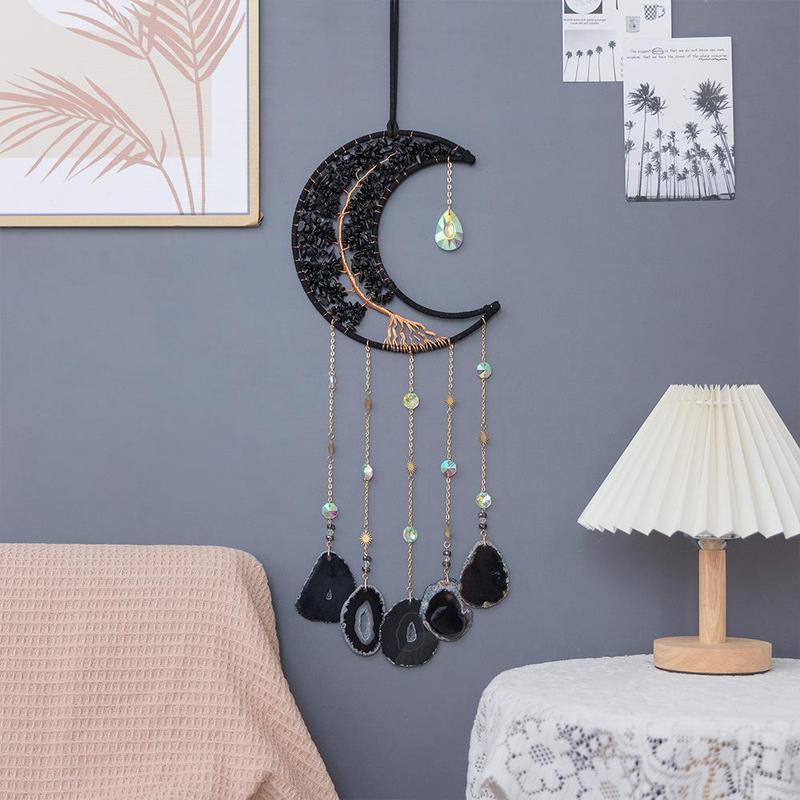 Natural Stone Dream Catcher, 1 Count Exquisite Moon Shaped Wind Chime, Outdoor Indoor Decorative Wall Hanging for Living Room Bedroom Patio