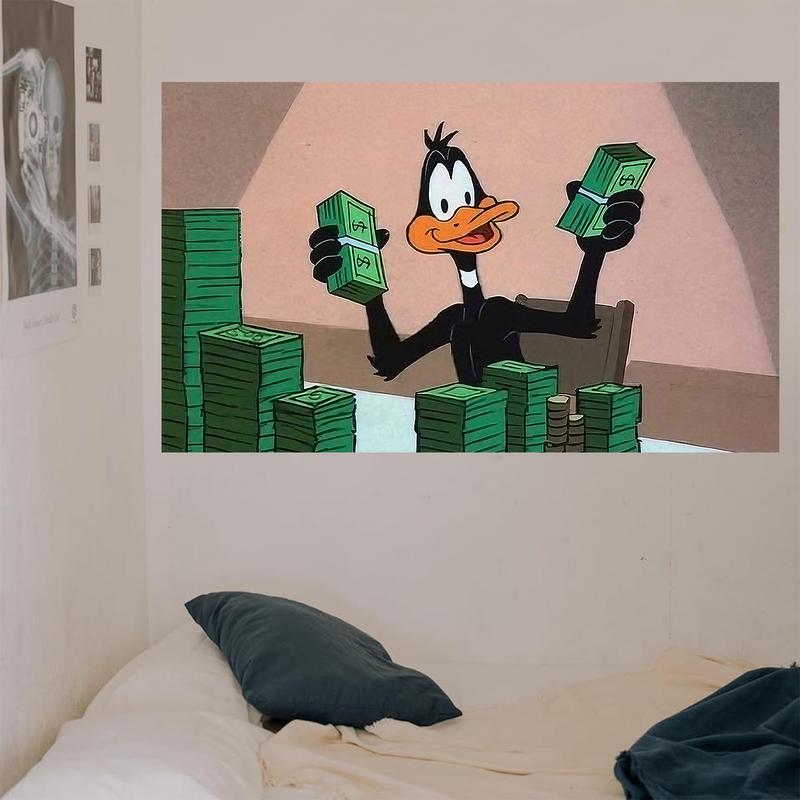 Cartoon Duck & Cash PatternTapestry Funny  Duck Counting money with both hands 3x5Ft Inspirational Motivationa  Wall Dorm Decor