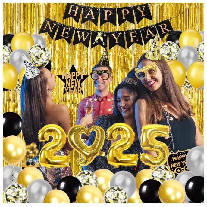 New Years Eve Party Supplies 2025, Black Gold Silver 2025 Happy New Year Decorations Kit with Happy New Year Banner, Hats, Glasses, Blowouts, Latex Balloons, Honeycomb, Curtains, Foil Balloons 2025