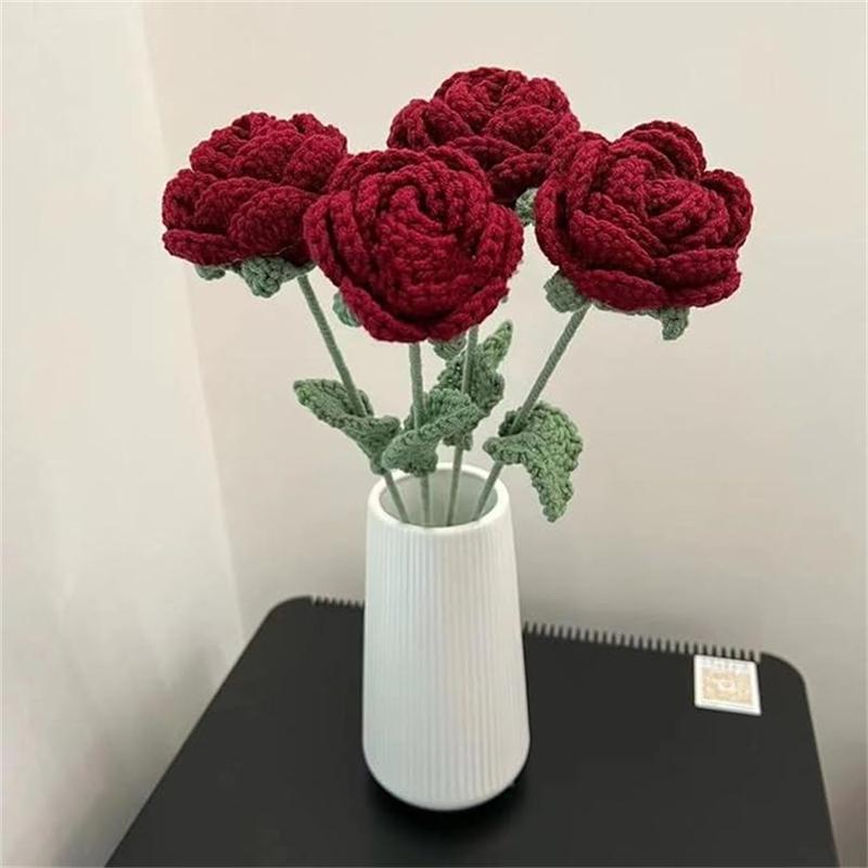 6pcs Diy Crochet Bouquets Finished Handmade Artificial Flowers Valentine's Day, Mother's Day Knitted Red Roses Cotton Decor Ornaments