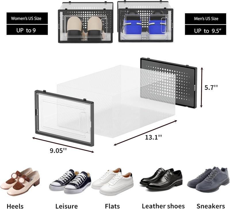 12 Pack Shoe Storage Bins, Clear Plastic Stackable Shoe Organizer for Closet, Space Saving Foldable Shoe Rack, Shoe Box Sneaker Holder Container, Black Frame