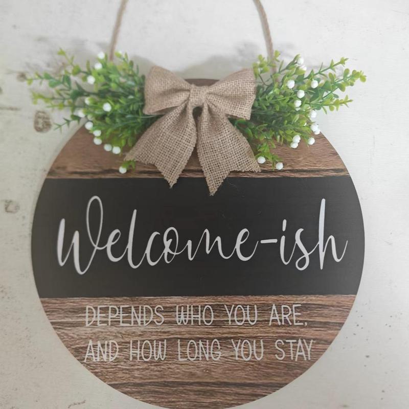 Welcome Wreath Round Wooden Sign, Funny Hanging Wooden Plaque Decoration, Rustic Wood Farmhouse Porch Decor for Home Front Door Decor