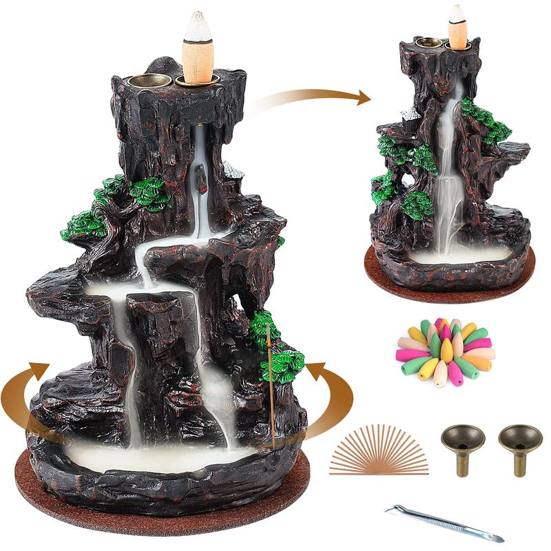 Incense Burner, Backflow Incense Holder 2 sides Waterfall Incense Burnier with 120 Backflow Incense Cones, 30 Incense Sticks, Aromatcherapy Ornamen for home