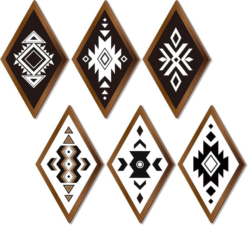 6 Pcs Farmhouse Aztec Wall Decor Western Home Wall Decor Southwestern Rustic Boho Diamond Wood Sign Modern Geometric Diamond Wall Art for Bedroom Living Room Bathroom (Stylish Color)