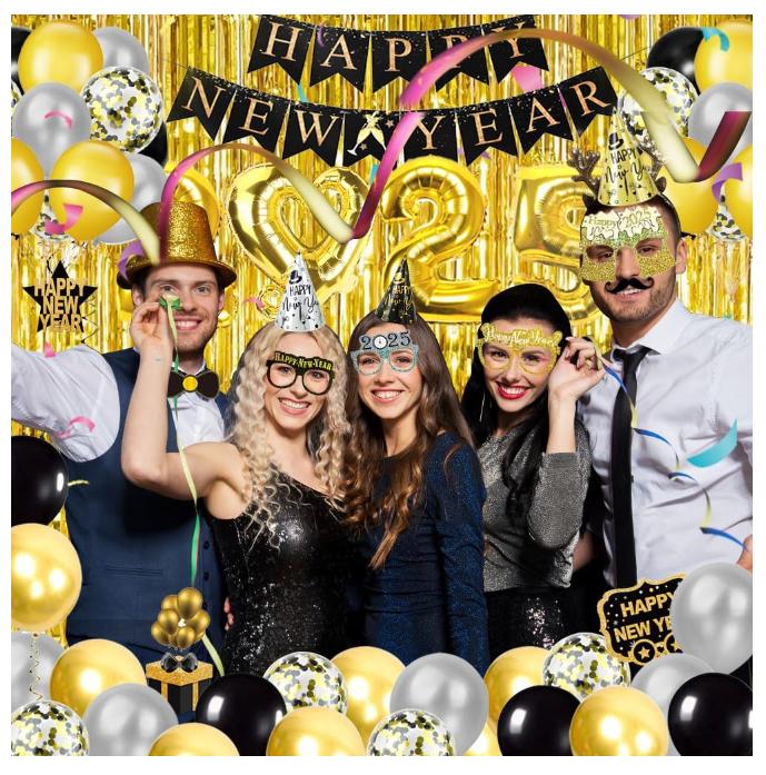 New Years Eve Party Supplies 2025, Black Gold Silver 2025 Happy New Year Decorations Kit with Happy New Year Banner, Hats, Glasses, Blowouts, Latex Balloons, Honeycomb, Curtains, Foil Balloons 2025