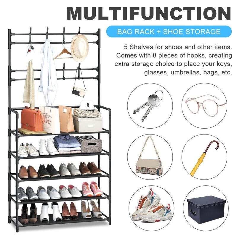 Coat and shoe rack organiser with 5 tiers for shoes and hats, 8 hooks, suitable for bedrooms, hallways, dorms; free-standing and easy to assemble.