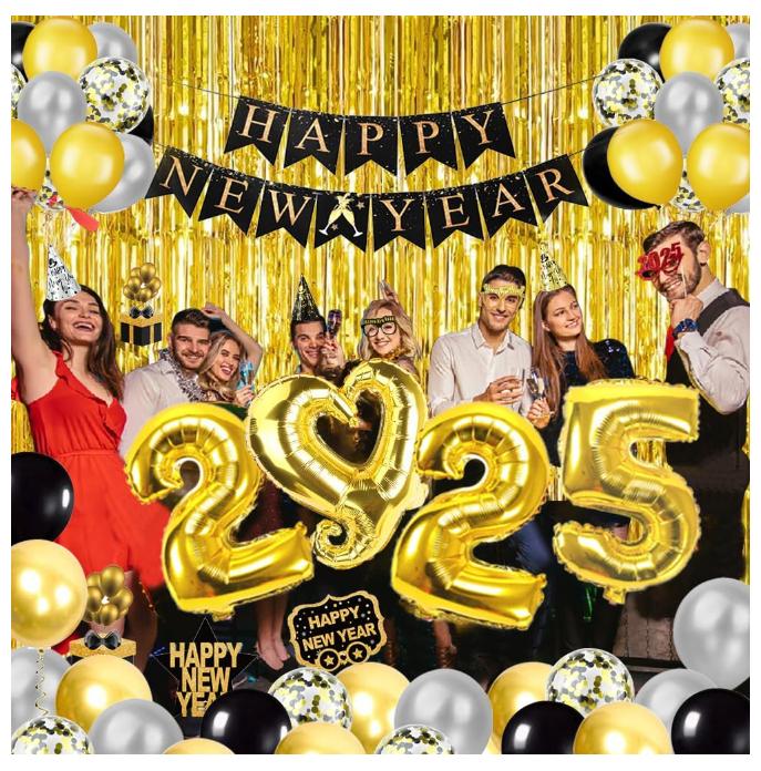 New Years Eve Party Supplies 2025, Black Gold Silver 2025 Happy New Year Decorations Kit with Happy New Year Banner, Hats, Glasses, Blowouts, Latex Balloons, Honeycomb, Curtains, Foil Balloons 2025