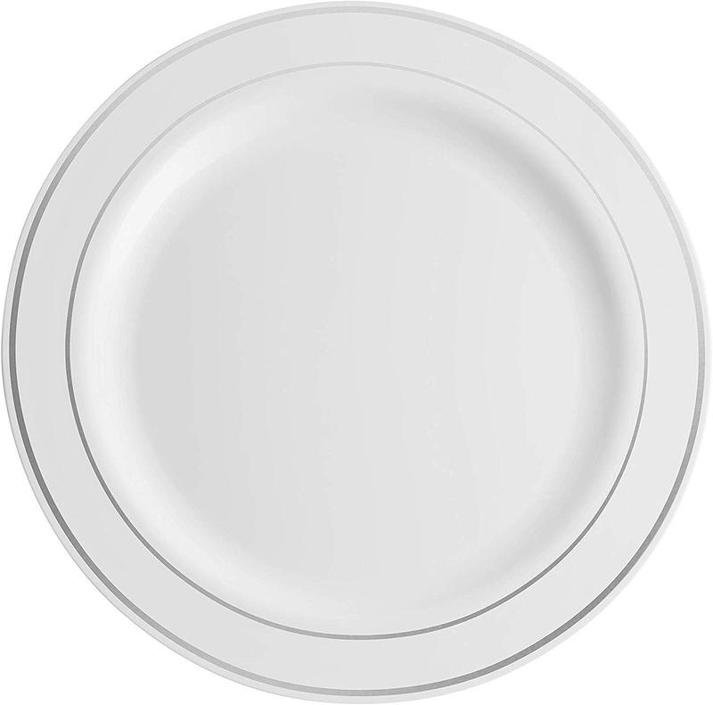 100  Plastic Plates Set, 10.25 Inch Plastic Dinner Plates, Fancy Disposable Plates, Heavy Duty Party Plates, Elegant Wedding Plates, White with  Rim