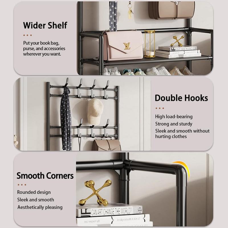 Coat and shoe rack organiser with 5 tiers for shoes and hats, 8 hooks, suitable for bedrooms, hallways, dorms; free-standing and easy to assemble.