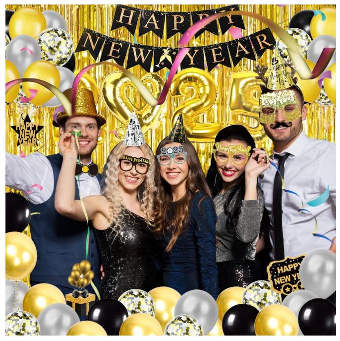 New Years Eve Party Supplies 2025, Black Gold Silver 2025 Happy New Year Decorations Kit with Happy New Year Banner, Hats, Glasses, Blowouts, Latex Balloons, Honeycomb, Curtains, Foil Balloons 2025