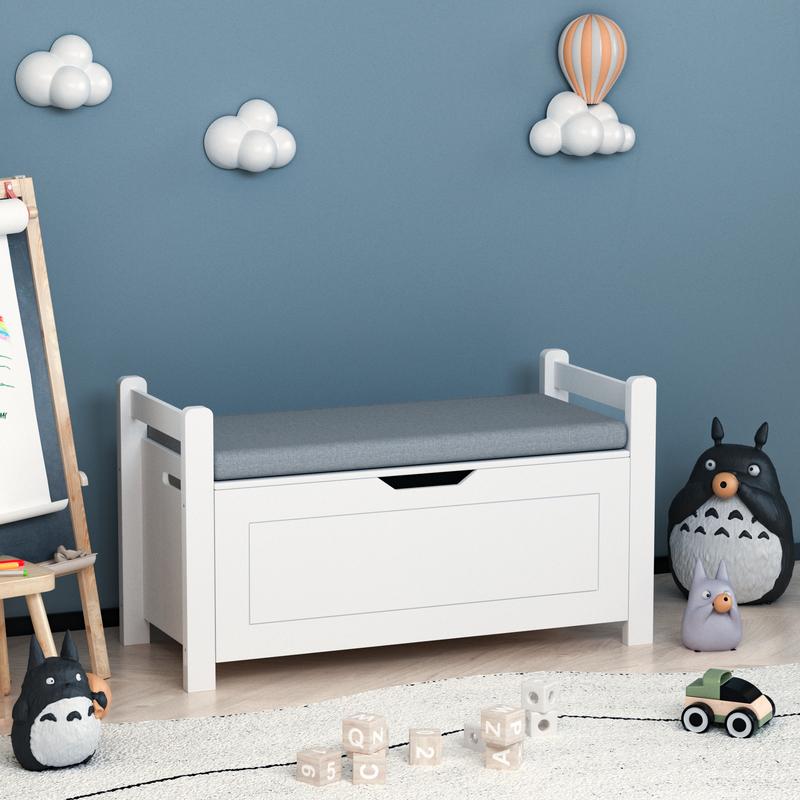 Storage Cabinets, Storage Bins, Entry Storage Bench with Cushion, Wooden Toy Box, Shoe Changing Bench for Entryway, Bedroom, Living Room, White