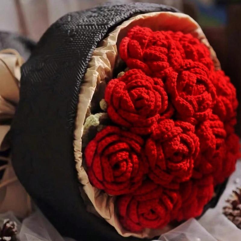 6pcs Diy Crochet Bouquets Finished Handmade Artificial Flowers Valentine's Day, Mother's Day Knitted Red Roses Cotton Decor Ornaments