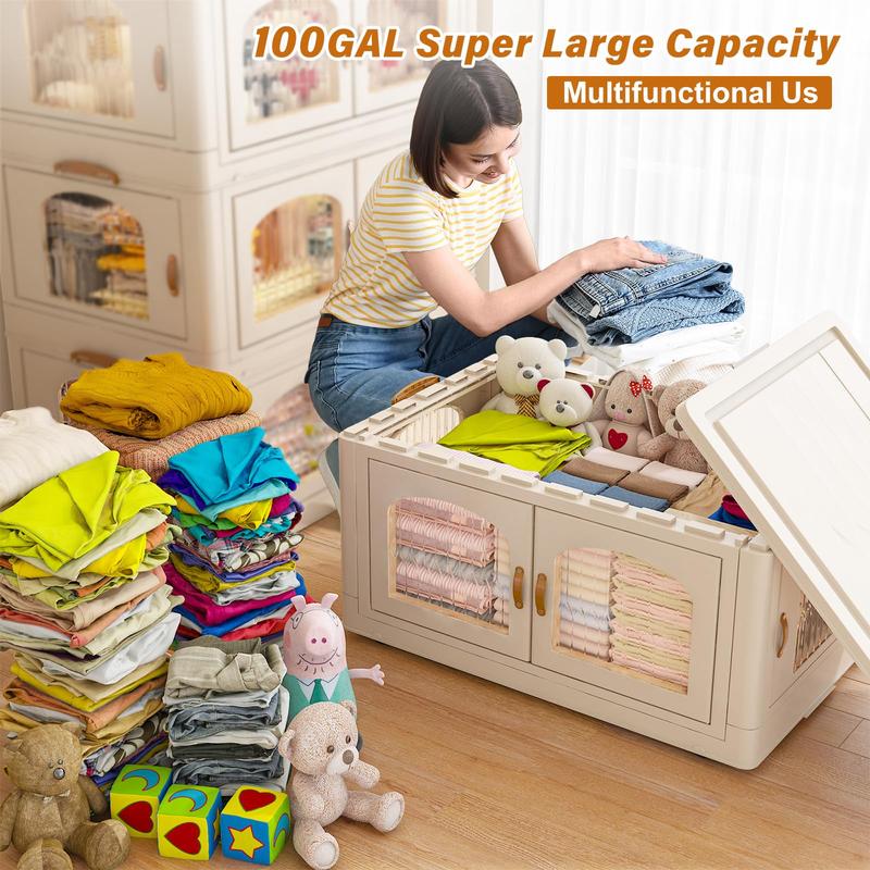 Raybee Furniture Foldable Removable Moisture-proofStorage Organizer, Stackable Plastic Storage Box with Lids & Wheels, Large Capacity Multifunctional Kids Stuff Toy Clothes & Food Storage Bin Box Organizer