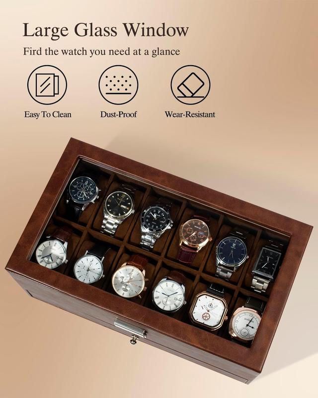 Watch Box 12 Slot Watch Display Organizer Leather Jewelry Case Drawer Glass Birthday for Men Women, Child Husband Dad GK-012-BROWN-LED-24