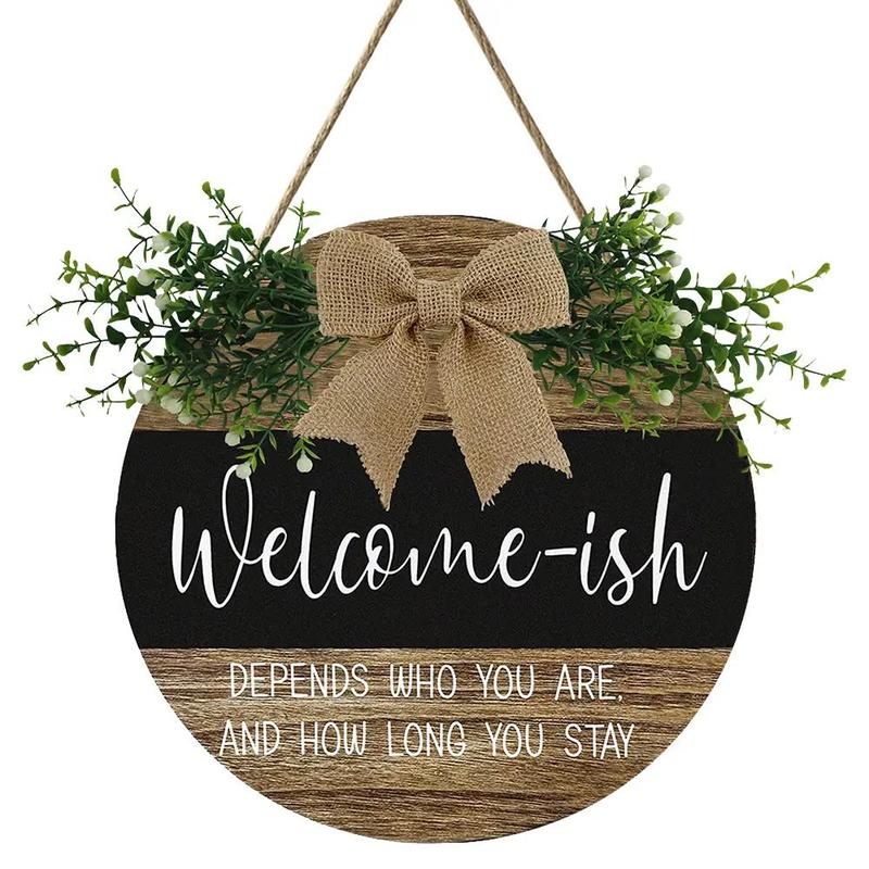 Welcome Wreath Round Wooden Sign, Funny Hanging Wooden Plaque Decoration, Rustic Wood Farmhouse Porch Decor for Home Front Door Decor