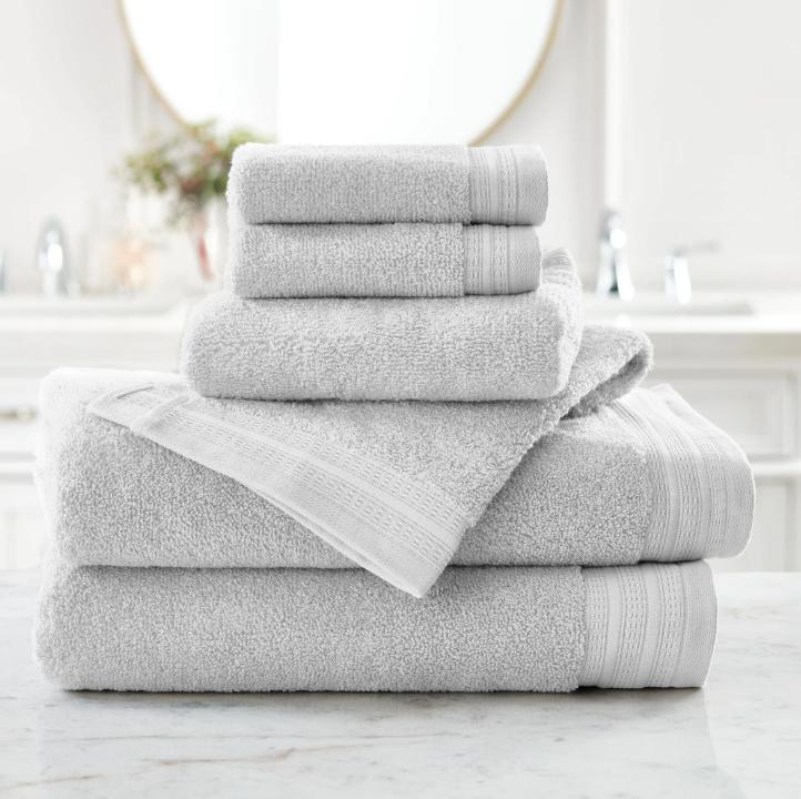 6 Piece Bath Towel Set with Upgraded Softness & Durability, Grey Cotton Border - Platinum Silver