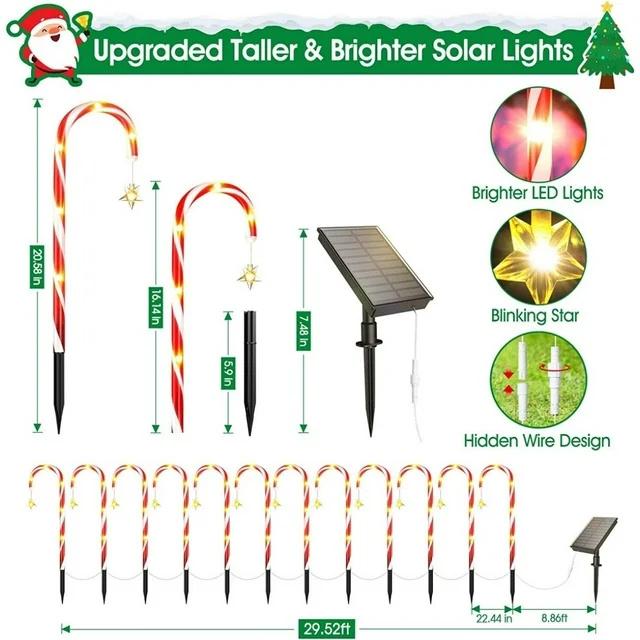 12 Pack Christmas Decorations Outdoor Solar Candy Cane Lights, Waterproof Solar Pathway Markers Yard Lights with Star, 8 Modes Xmas Decorations for Garden Yard Decor