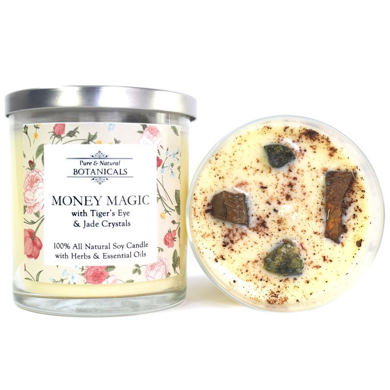 Money Magic Pure & Natural Soy Candle with Herbs & Crystals Handmade by Art Of The Root