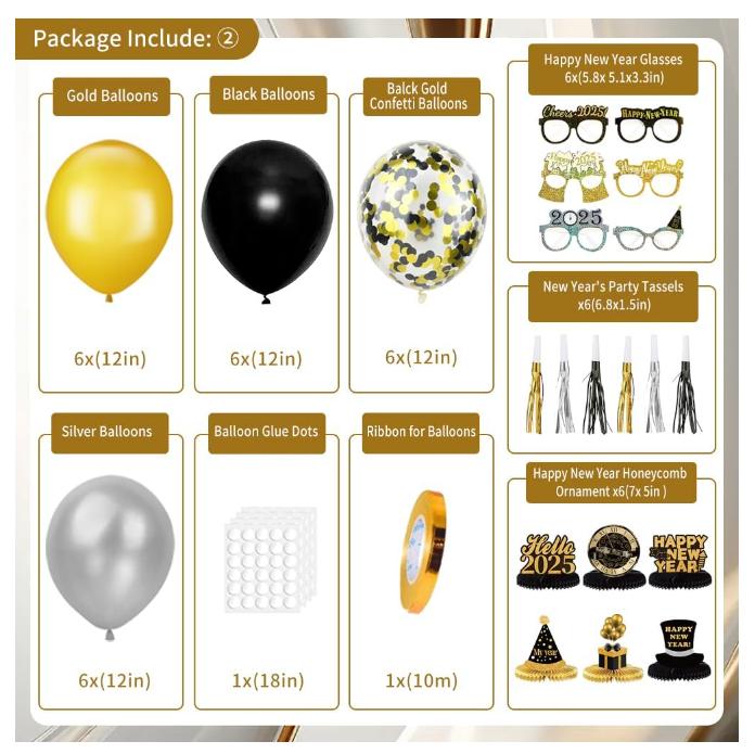 New Years Eve Party Supplies 2025, Black Gold Silver 2025 Happy New Year Decorations Kit with Happy New Year Banner, Hats, Glasses, Blowouts, Latex Balloons, Honeycomb, Curtains, Foil Balloons 2025