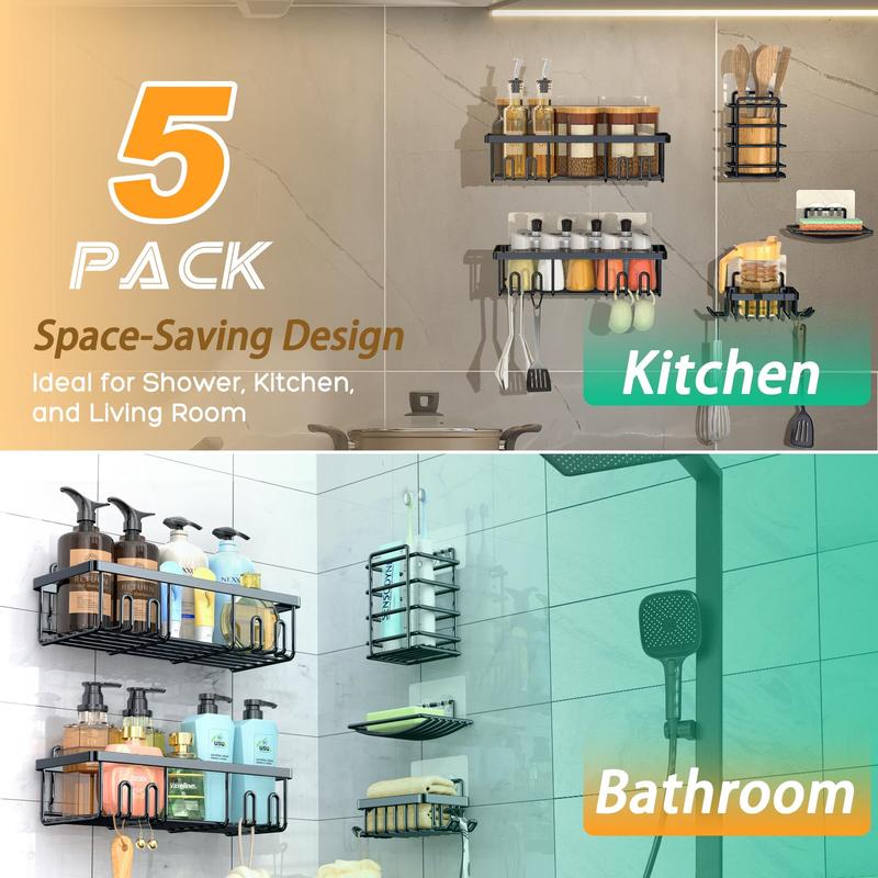 Shower Caddy 5 Pack, Adhesive Shower Organizer for Bathroom & Home & Kitchen, Rustproof Stainless Steel Shower Shelves with Hooks