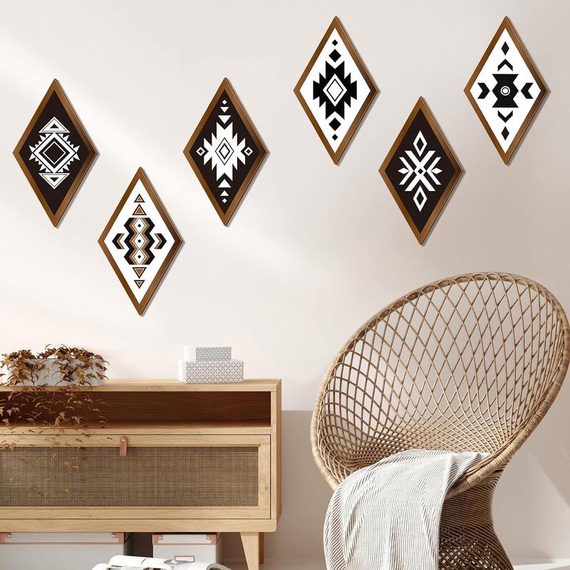 6 Pcs Farmhouse Aztec Wall Decor Western Home Wall Decor Southwestern Rustic Boho Diamond Wood Sign Modern Geometric Diamond Wall Art for Bedroom Living Room Bathroom (Stylish Color)