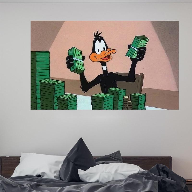 Cartoon Duck & Cash PatternTapestry Funny  Duck Counting money with both hands 3x5Ft Inspirational Motivationa  Wall Dorm Decor