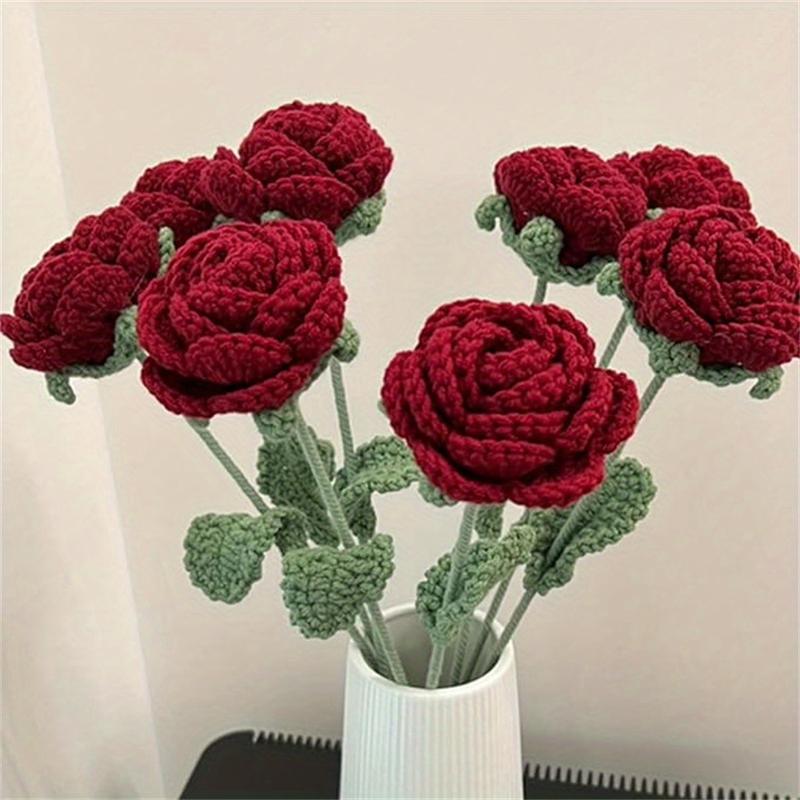 6pcs Diy Crochet Bouquets Finished Handmade Artificial Flowers Valentine's Day, Mother's Day Knitted Red Roses Cotton Decor Ornaments