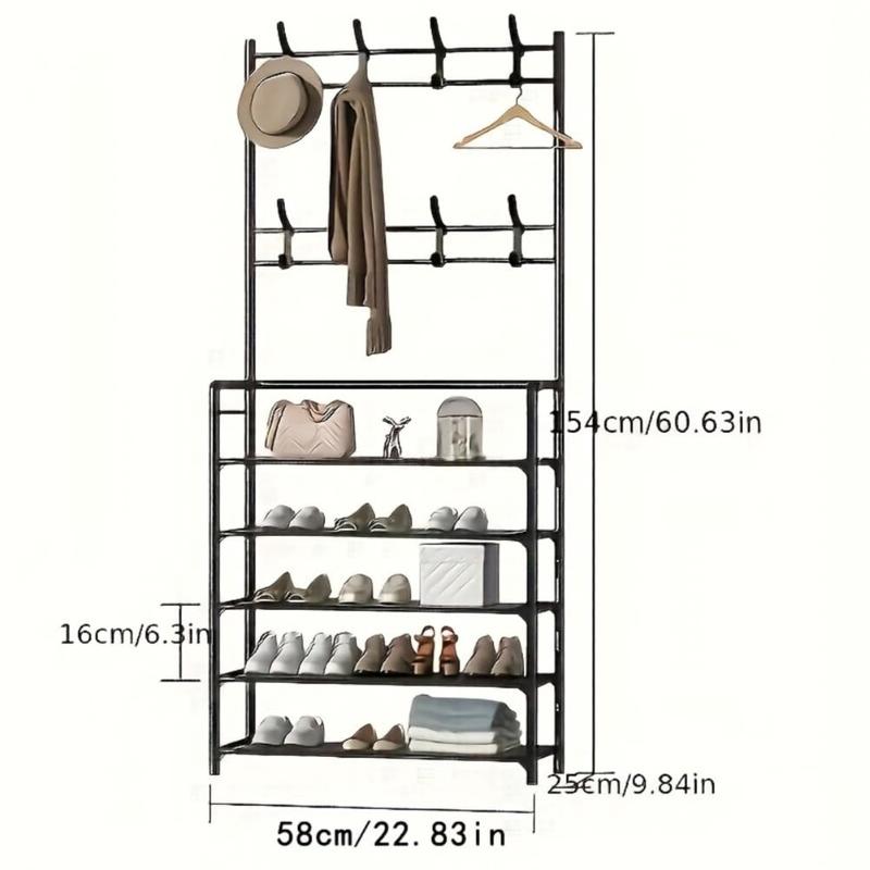 Coat and shoe rack organiser with 5 tiers for shoes and hats, 8 hooks, suitable for bedrooms, hallways, dorms; free-standing and easy to assemble.