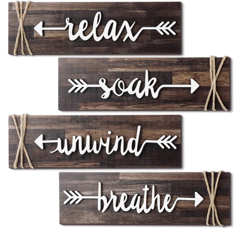 4 Pieces Bathroom Decor Wall Art Farmhouse Bathroom Decor Soak Relax Unwind Breathe Wooden Signs Rustic Bathroom Decor with Arrow Vintage Country Bathroom Decor for Home Laundry Room