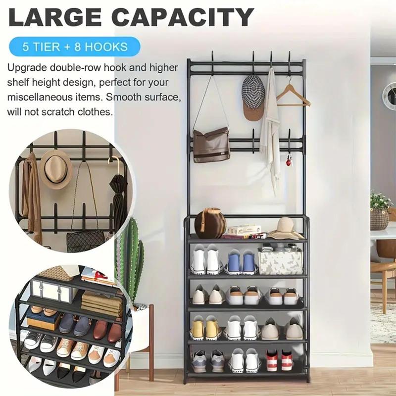 Coat and shoe rack organiser with 5 tiers for shoes and hats, 8 hooks, suitable for bedrooms, hallways, dorms; free-standing and easy to assemble.