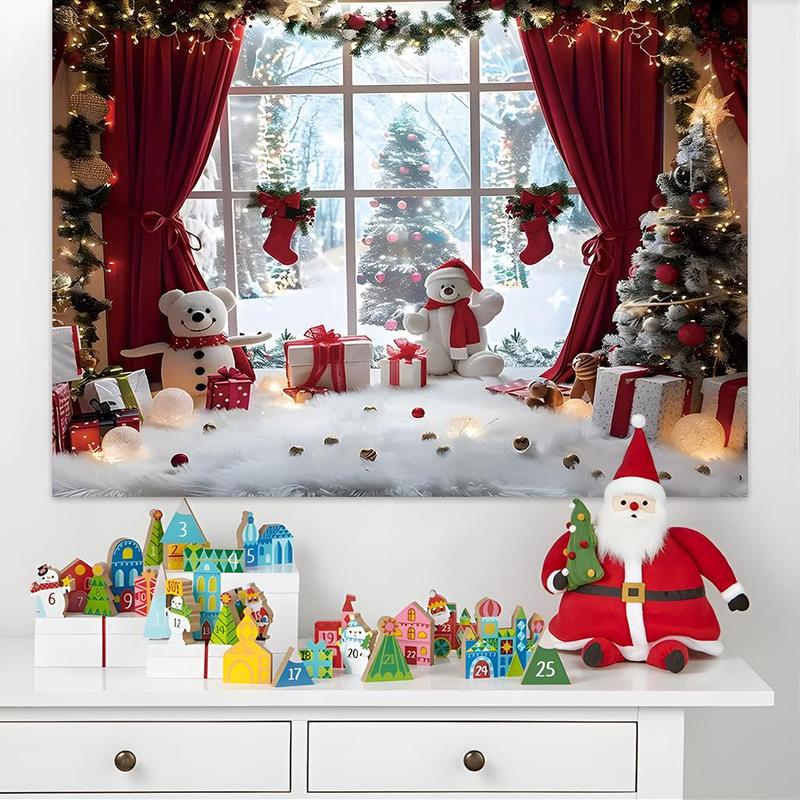 Christmas Themed Window Pattern Backdrop, 1 Count Winter Holiday Party Decoration, Festive Backdrop for Home Living Room Bedroom Kitchen Decor