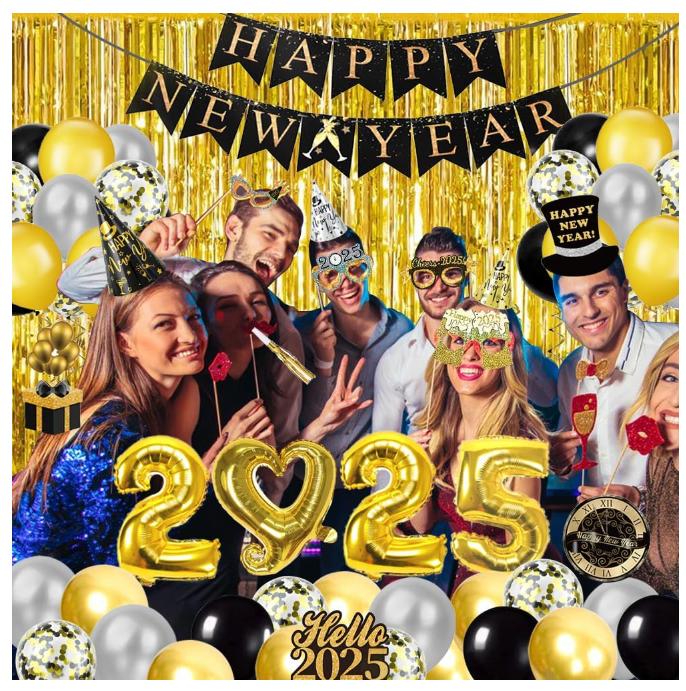 New Years Eve Party Supplies 2025, Black Gold Silver 2025 Happy New Year Decorations Kit with Happy New Year Banner, Hats, Glasses, Blowouts, Latex Balloons, Honeycomb, Curtains, Foil Balloons 2025