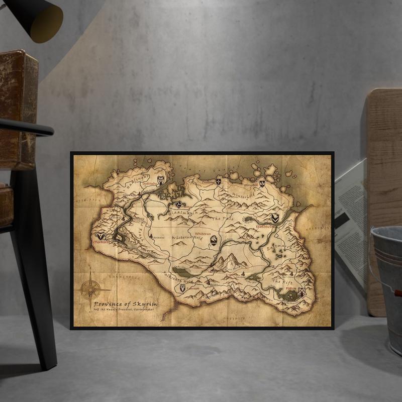 Province Of Skyrim Map, The Elder Scrolls V, Map of Tamriel Poster, Dragonborn Wall Art, Rolled Print, Game Poster Gift