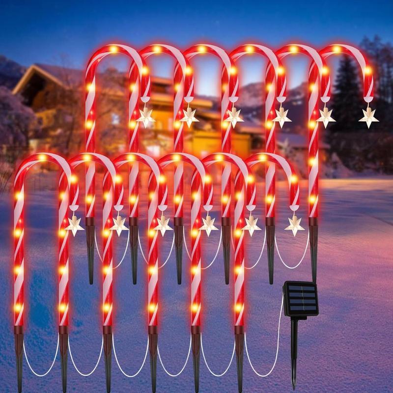 12 Pack Christmas Decorations Outdoor Solar Candy Cane Lights, Waterproof Solar Pathway Markers Yard Lights with Star, 8 Modes Xmas Decorations for Garden Yard Decor